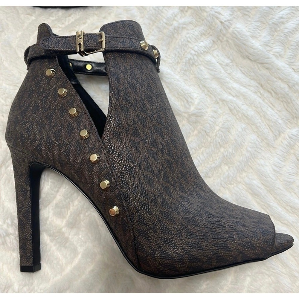 Michael Kors Logo Lawson Studded Heels – Brown Peep Toe Booties – Size 9M - Picture 3 of 12